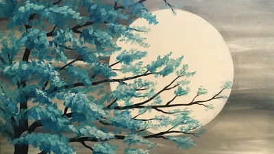 Artistic Painting Full Space Wallpaper 4K 1920x1080 Hd, Artistic, Painting, Of, A, Full, Moon, Glowing, Behind, Tree, Branches, Blue-green, White, Ultrawide, Full HD