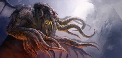 Sleek Dark Wallpaper Space Wallpaper 4K 5000x2410 A, Dark, Fantasy, 4K, Ultra, Hd, Wallpaper, Featuring, Giant, Cthulhu, Monster, Glowing, White, Ultrawide