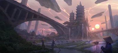 Vivid Sci Wallpaper World Wallpaper 4K 2500x1134 Hd, Sci‑fi, Landscape, Showcasing, Futuristic, Floating, Ships, Over, Ancient, Temple, Bridge, Farmers, Gray, Ultrawide, Full HD
