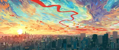 Artistic Cityscape Vibrant World Wallpaper 4K 3440x1440 Artistic, Hd, Cityscape, Wallpaper:, Featuring, A, Vibrant, Sunset, Swirling, Clouds, Bright, Sun, Pink, Purple, Orange, Ultrawide, QHD