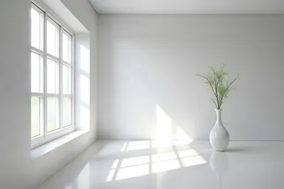 Clean White Room Soft Sunlight Minimal Wallpaper 4K 4096x2731 A, Clean, White, Room, With, Soft, Sunlight, Filtering, Through, Single, Window, Standalone, Gray, Landscape, 4k