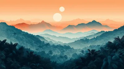 Sleek Serene Wallpaper Nature Wallpaper 4K 2912x1632 A, Serene, Minimalist, Depiction, Of, Jungle, At, Sunset, Featuring, Layered, Mountains, Two, Orange, Purple, Ultrawide, QHD