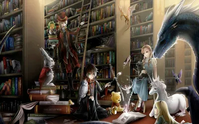 Vibrant Fantasy Library Characters Fantasy Wallpaper 4K 2560x1600 A, Vibrant, Fantasy, Scene, In, Library, Featuring, Characters, Amidst, Bookshelves, Magical, Creatures, Gray, Ultrawide, QHD