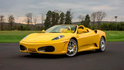 Yellow F430 Convertible Asphalt Cars Wallpaper 4K 4096x2304 Yellow, Ferrari, F430, Convertible, Parked, On, Asphalt, With, Trees, Hills, Captured, Crisp, Gray, Ultrawide, 4k