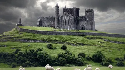 Dark Historic Wallpaper Fantasy Wallpaper 4K 1920x1080 A, Historic, Castle, Perched, On, Lush, Hillside, Surrounded, Grazing, Sheep, Dramatic, Skies, Gray, Ultrawide, Full HD