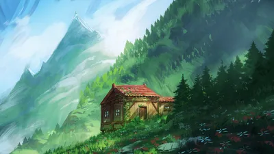 Cozy Fantasy House Nature Wallpaper 4K 1920x1080 A, Cozy, Fantasy, House, Nestled, In, Lush, Mountainous, Forest, Vibrant, Greenery, Wildflowers, White, Ultrawide, Full HD