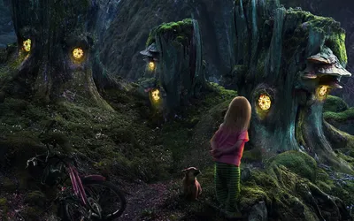 Whimsical Fantasy Forest Child Fantasy Wallpaper 4K 1680x1050 A, Whimsical, Fantasy, Forest, Scene, Featuring, Child, Dog, Surrounded, Enchanted, Tree, Trunks, Purple, Black, Ultrawide