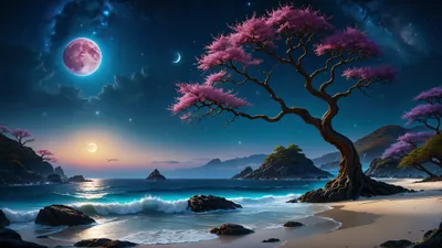 Moonlit Serenity Tree Night Nature Wallpaper 4K 3840x2160 Brown, Gray