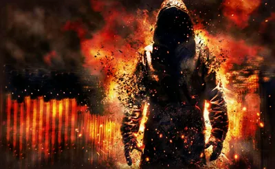 Dark Hooded Man Amid Black/Dark Wallpaper 4K 1920x1180 Hd, Pc, Desktop, Wallpaper, Of, A, Dark, Hooded, Man, Amid, Exploding, Embers, Red, Brown, Orange, Ultrawide, Full HD