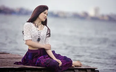 Asian Woman Sitting Wooden Dock Abstract Wallpaper 4K 1920x1200 Hd, Desktop, Wallpaper:, Of, An, Asian, Woman, Sitting, Wooden, Dock, Water, Gazing, White, Gray, Ultrawide, Full HD