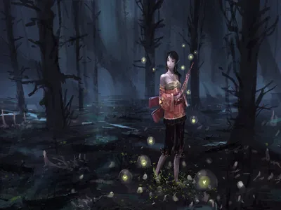 Anime Woman Dark Black/Dark Wallpaper 4K 1600x1200 Anime, Woman, In, A, Dark, Forest, Holding, Rifle, Surrounded, Glowing, Lights, Desktop, Blue, White, Brown, Landscape