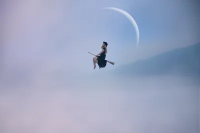 Dreamy Woman Wallpaper Space Wallpaper 4K 2048x1365 A, Woman, In, Cosplay, Flies, On, Broomstick, Against, Serene, Misty, Backdrop, Crescent, Gray, Ultrawide, Full HD