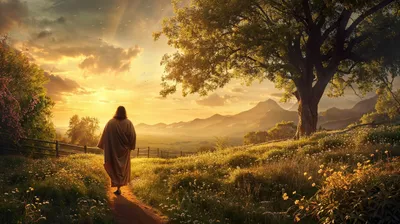 Radiant Jesus Wallpaper Nature Wallpaper 4K 2912x1632 Hd, Desktop, Wallpaper:, Showing, Jesus, Walking, On, A, Path, Through, Lush, Nature, Orange, Pink, Ultrawide, QHD