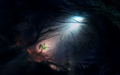 Calm Dark Wallpaper Fantasy Wallpaper 4K 1920x1200 A, Dark, Fantasy, Scene, With, Twisted, Branches, And, Single, Green, Plant, Illuminated, Gray, White, Ultrawide, Full HD
