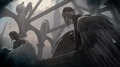 Dark Angelic Figures Glowing Eyes Fantasy Wallpaper 4K 2560x1440 Dark, Angelic, Figures, With, Glowing, Eyes, Perched, On, Gothic, Stone, Architecture, Set, Gray, Ultrawide, QHD