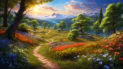 Moody Vibrant Wallpaper Nature Wallpaper 4K 3840x2160 A, Vibrant, Spring, Landscape, Featuring, Winding, Path, Through, Colorful, Wildflowers, Lush, Trees, Gray, White, Brown, Ultrawide, 4k
