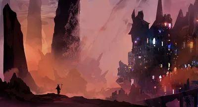 Fantasy City Illuminated Colorful Abstract Wallpaper 4K 6600x3600 A, Fantasy, City, Illuminated, By, Colorful, Lights, Stands, Against, Towering, Rock, Formations, Gray, Ultrawide, 4K