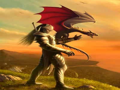 Sleek Fantasy Wallpaper Fantasy Wallpaper 4K 1600x1200 A, Fantasy-themed, Hd, Desktop, Wallpaper:, Featuring, Knight, Armor, Interacting, Dragon, Against, Sunset, Orange, Purple, Landscape
