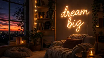 Cozy Sunset Lit Fantasy Wallpaper 4K 3840x2160 4K, Ultra, Hd, Pc, Desktop, Wallpaper, Of, A, Cozy, Sunset-lit, Room, Neon, Brown, Orange, Ultrawide