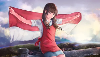 Anime Original Art Girl Nature Wallpaper 4K 4830x2757 Anime-style, Original, Art, Of, A, Girl, Holding, Red, White, Flag, Set, Against, Gray, Ultrawide, 4k