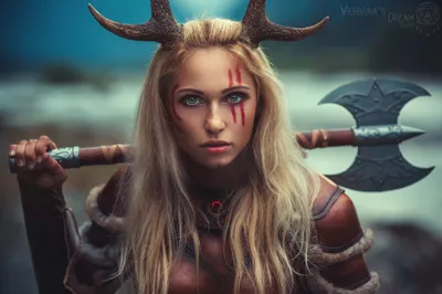 Dreamy Woman Wallpaper Abstract Wallpaper 4K 2000x1333 A, Woman, In, Detailed, Viking, Cosplay, Gripping, Double-headed, Axe, Intense, Gaze, Horns, Brown, Gray, Ultrawide, Full HD