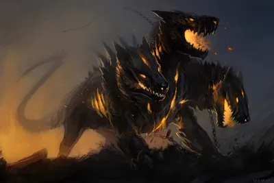 Dark Dark Wallpaper Fantasy Wallpaper 4K 3579x2391 A, Dark, Fantasy, Hd, Desktop, Wallpaper:, Featuring, Cerberus, Fierce, Three-headed, Creature, Glowing, Brown, Orange, Landscape, QHD