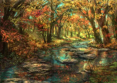 Anime Serene Forest Fall River Nature Wallpaper 4K 1920x1357 Hd, Anime, Wallpaper, Of, A, Serene, Forest, In, Fall, Showing, River, Stepping, Brown, Landscape, Full HD