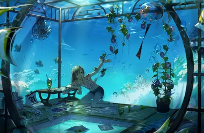 Bright Anime Wallpaper Animals Wallpaper 4K 1920x1258 Anime, Girl, Sitting, Underwater, In, An, Ocean, Room, Filled, Plants, Fish, Coral, Pink, Yellow, Ultrawide, Full HD
