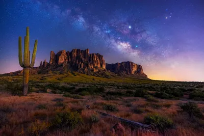 Desert Landscape Dusk Lone Nature Wallpaper 4K 4096x2736 Desert, Landscape, At, Dusk, With, A, Lone, Cactus, Rugged, Mesa, Milky, Way, Brown, 4k