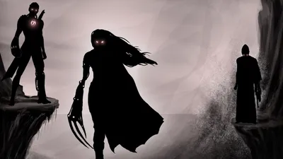 Dark Fantasy Shadowy Figures Standing Black/Dark Wallpaper 4K 1920x1080 A, Dark, Fantasy, Scene, Featuring, Shadowy, Figures, Standing, Cliff, Edges, Glowing, Eyes, Gray, Ultrawide, Full HD