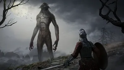 Dark Fantasy Depicting Warrior Facing Space Wallpaper 4K 1920x1080 A, Dark, Fantasy, Hd, Wallpaper, Depicting, Warrior, Facing, Towering, Giant, Creature, Under, Gray, Ultrawide, Full HD