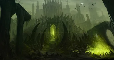 Dreamy Dark Wallpaper Fantasy Wallpaper 4K 3090x1643 A, Dark, Fantasy, Scene, Featuring, Towering, Ominous, Building, Glowing, Green, Gate, Surrounded, Gray, Ultrawide, QHD