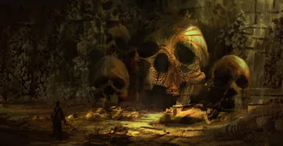Dreamy Dark Wallpaper Black/Dark Wallpaper 4K 3167x1629 Dark, Fantasy, Warrior, Scene, Featuring, A, Giant, Skull-shaped, Fortress, Surrounded, Smaller, Skulls, Orange, Brown, Purple, Ultrawide, QHD