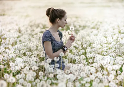 Brunette Woman Stands Animals Wallpaper 4K 2048x1443 A, Brunette, Woman, Stands, In, Summer, Field, Dandelions, Captured, Soft, Depth, Evoking, White, Landscape, Full HD