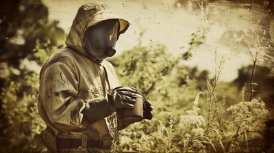Beekeeper Protective Gear Stands Abstract Wallpaper 4K 2912x1632 A, Beekeeper, In, Protective, Gear, Stands, Amidst, Lush, Greenery, Holding, Equipment, Captured, White, Ultrawide, QHD