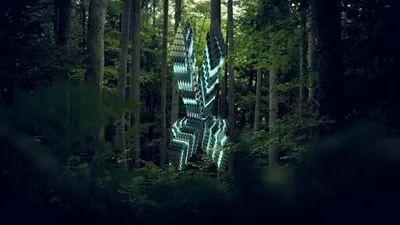Abstract Glowing Cyan Geometric Sculpture Abstract Wallpaper 4K 2560x1440 Abstract, 3d, Glowing, Cyan, Geometric, Sculpture, In, A, Dim, Forest, Rendered, Quad, Brown, Gray, Ultrawide, QHD