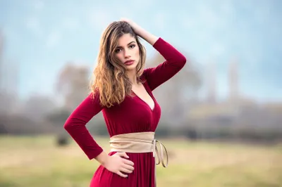 Brunette Woman Brown Abstract Wallpaper 4K 2000x1335 A, Brunette, Woman, With, Brown, Eyes, Wears, Red, Dress, Posing, Confidently, Against, White, Landscape, Full HD