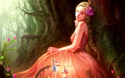Golden Serene Wallpaper Fantasy Wallpaper 4K 1920x1200 A, Serene, Fantasy, Scene, Featuring, Woman, In, Flowing, Dress, Surrounded, Enchanting, Foliage, Orange, Purple, Ultrawide, Full HD