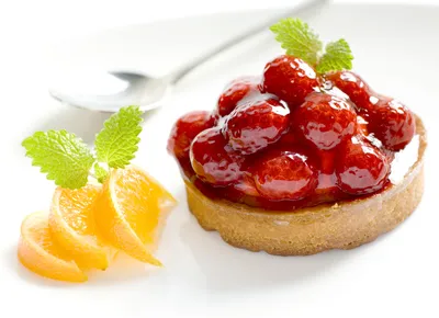 Delicious Dessert Tart Abstract Wallpaper 4K 5664x4118 A, Delicious, Dessert, Featuring, Tart, Topped, With, Glossy, Berries, Mint, Leaves, Accompanied, White, Landscape, 4k