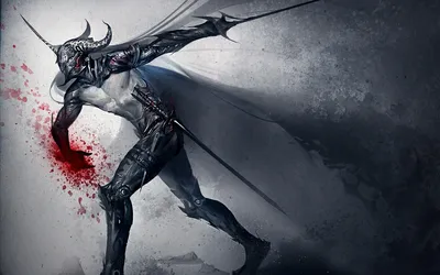 Dark Menacing Warrior Black/Dark Wallpaper 4K 1920x1200 A, Dark, Menacing, Warrior, With, Horns, Unleashes, Powerful, Strike, Blood, Splattering, Against, White, Gray, Ultrawide, Full HD