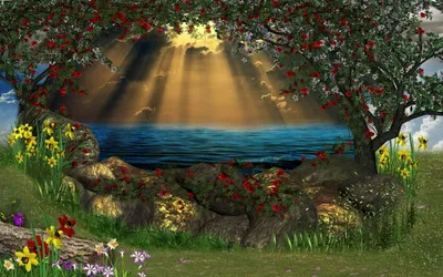 Magical Fantasy Sunbeams Shining Nature Wallpaper 4K 2560x1600 A, Magical, Fantasy, Scene, With, Sunbeams, Shining, Over, Serene, Lake, Framed, Blooming, Orange, Brown, Ultrawide, QHD