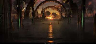 Vivid Futuristic Wallpaper World Wallpaper 4K 2350x1080 Futuristic, Sci-fi, City, At, Sunset, With, Towering, Structures, Framed, Large, Arches, Reflected, Orange, Brown, Ultrawide, Full HD