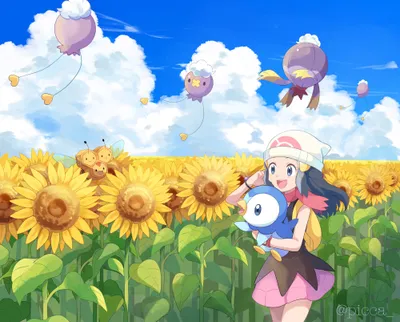 Anime Pok Mon Dawn Nature Wallpaper 4K 2000x1610 Hd, Anime, Pokémon, Desktop, Wallpaper, Dawn, Holding, Piplup, Pok, Mon, Sunflower, Field, White, Square, Full HD