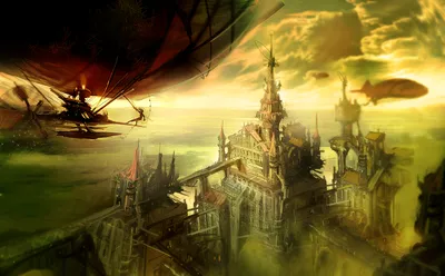 Fantasy City Tall Buildings World Wallpaper 4K 1938x1200 A, Fantasy, City, With, Tall, Intricate, Buildings, Under, Dramatic, Sky, Featuring, Airships, White, Ultrawide, Full HD
