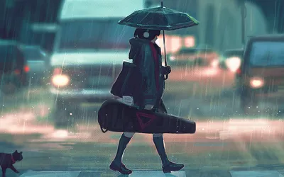 Anime Girl Umbrella Carrying Musical Animals Wallpaper 4K 1920x1200 An, Anime, Girl, With, Umbrella, And, Carrying, Musical, Instrument, Case, Walks, Rain, Pink, Gray, Ultrawide, Full HD
