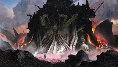 Calm Dark Wallpaper Fantasy Wallpaper 4K 5000x2828 A, Dark, Sci-fi, Fantasy, Castle, With, Ominous, Spires, Glowing, Lava, Flows, Rendered, Gray, Ultrawide, 4K