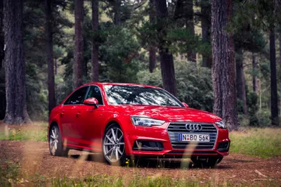 Red Amidst Lush Cars Wallpaper 4K 4096x2730 A, Striking, Red, Audi, A4, Parked, Amidst, Lush, Greenery, Showcasing, Sleek, Design, Gray, Ultrawide, 4k