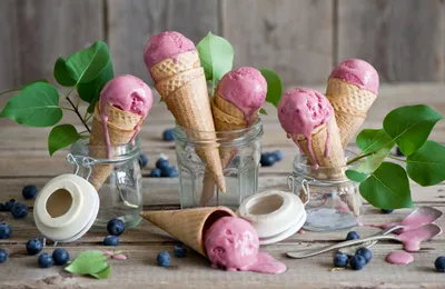 Vibrant Still Life Abstract Wallpaper 4K 4256x2768 A, Vibrant, Still, Life, Featuring, *ice, Cream, Cones, Blueberry-flavored, Surrounded, Fresh, Blueberries, Gray, Ultrawide, 4k