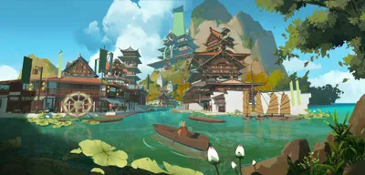Fantasy Cityscape Traditional World Wallpaper 4K 3840x1842 Hd, Fantasy, Cityscape, Wallpaper, Showcasing, Traditional-style, Buildings, Beside, Serene, River, Boat, Surrounded, White, Ultrawide, 4K