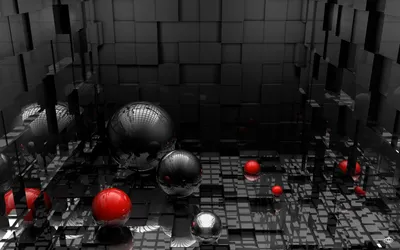 Crisp Abstract Wallpaper Black/Dark Wallpaper 4K 1920x1200 An, Abstract, 3d, Design, Featuring, Reflective, Black, And, Red, Spheres, Amidst, Grid-like, Gray, Ultrawide, Full HD